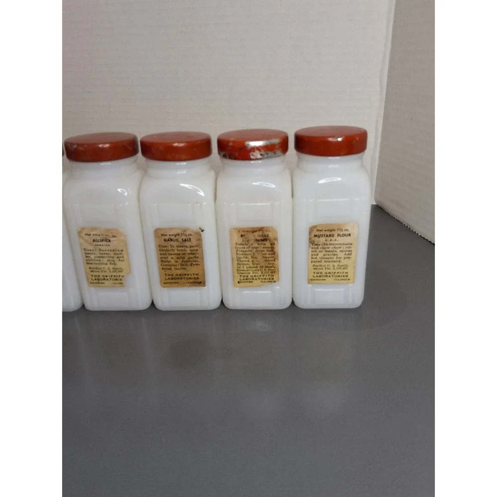 Vintage Griffiths Milk Glass Spice Jars Set of 8 Red Lids Art Deco Kitchen Decor